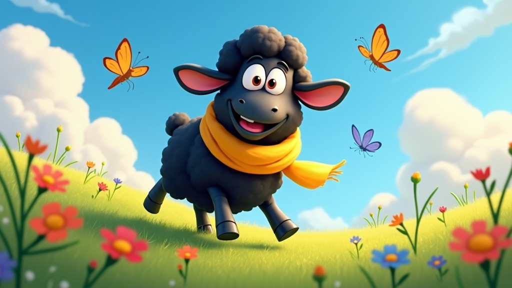 The image shows a cartoon sheep running through a field of flowers and butterflies, with a bright blue sky and fluffy white clouds in the background.