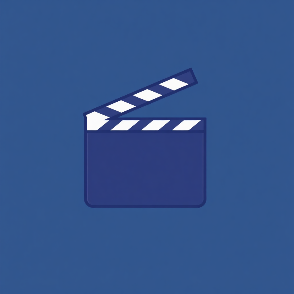 The image shows a movie clapboard icon on a blue background. The icon is in the center of the image and is composed of a white outline with a black clapperboard in the middle. The background is a solid blue color.