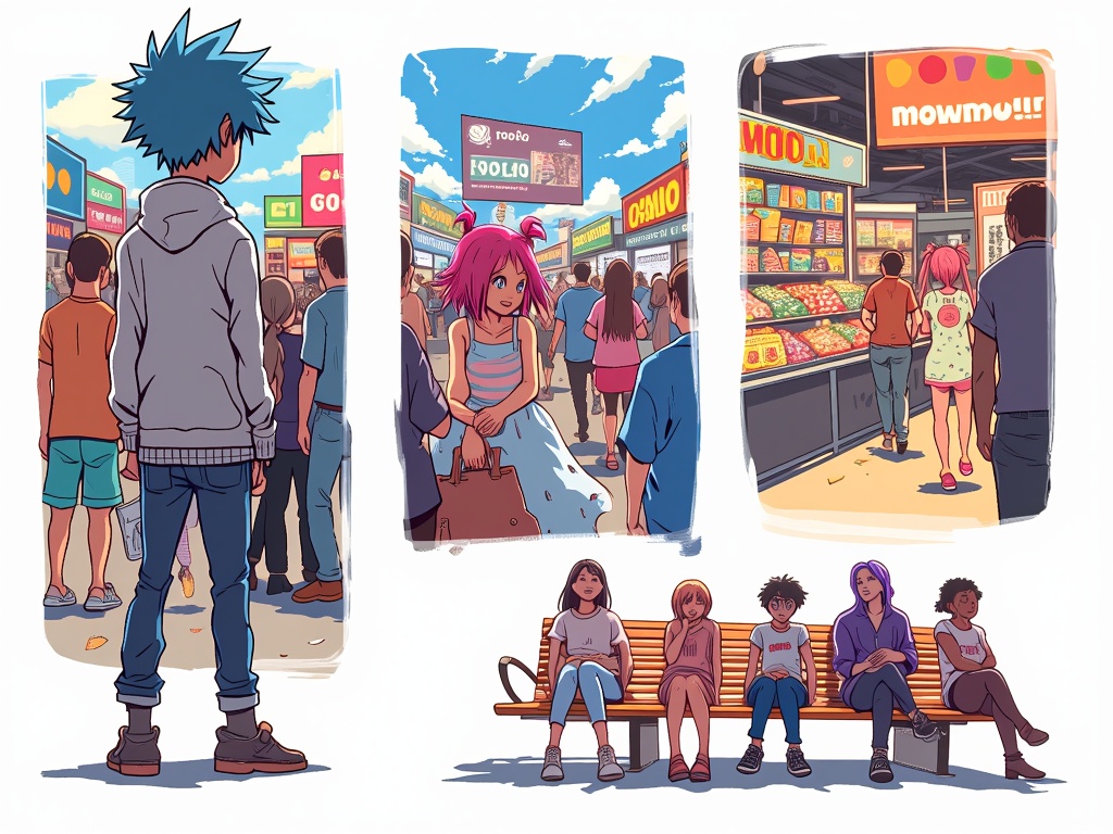 Illustrations capturing candid, 'behind-the-scenes' moments of anime characters enjoying MomoCon, such as waiting for panels, excitedly browsing merchandise, or relaxing between events.