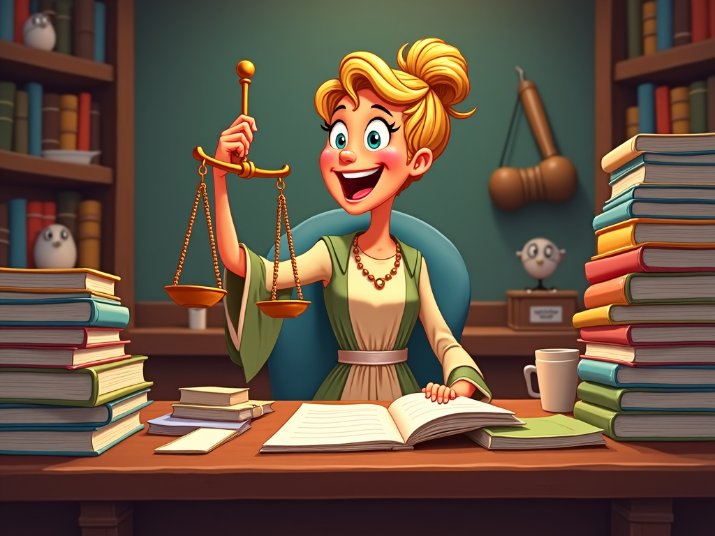 Lady Justice is humorously portrayed in this cartoon, sitting at a desk piled high with paperwork and law books. Her scales are suspended above the jumble, emphasizing the burden and complexity of legal balancing.