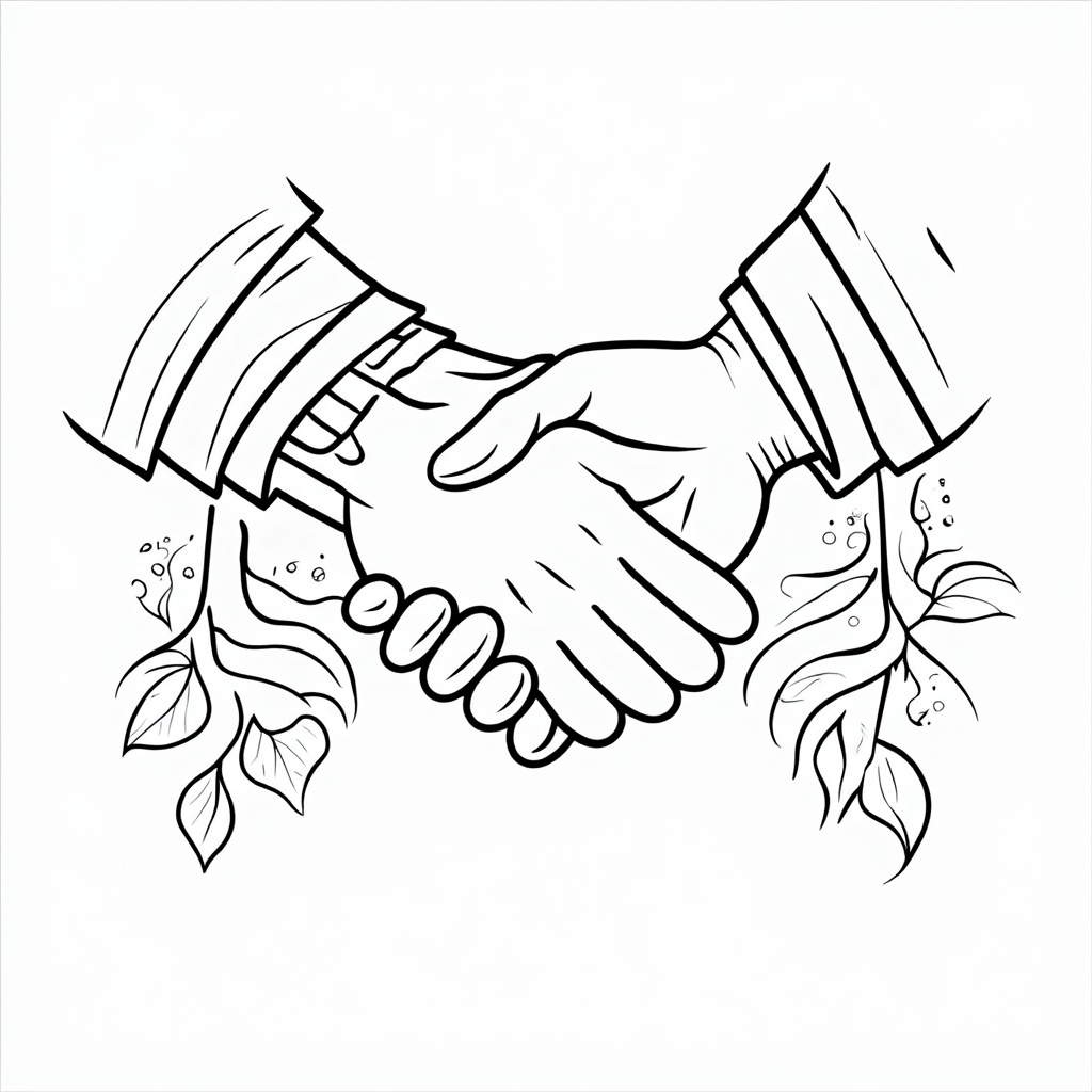 A stylized handshake where the lines forming the hands transform into gentle, flowing ribbons or growing vines with leaves and flowers, symbolizing the nurturing aspect of care. Elements like a small caduceus can be subtly integrated.