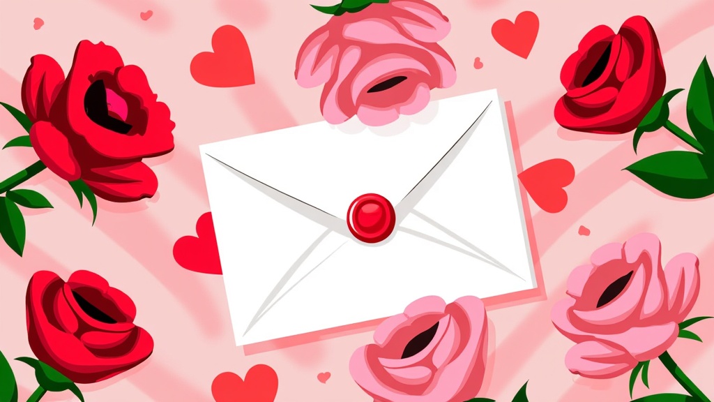 A love letter sealed with a kiss mark and surrounded by roses.