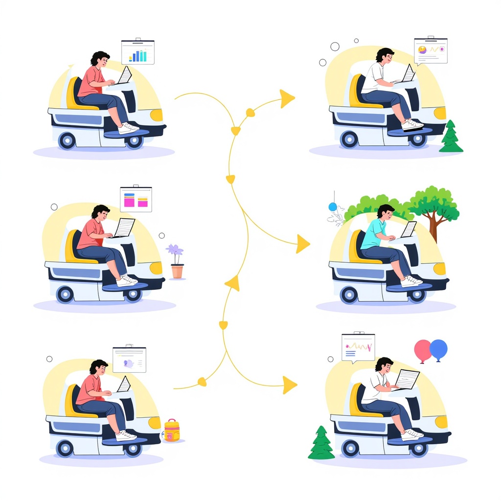 Illustration Concept 5: Personalized Journey Flow. An illustration sequence focusing on a single passenger. It shows the robotaxi's AI intuitively adapting the cabin environment around them: initially configured for productivity (e.g., work lighting, data displays), then shifting to a serene relaxation mode (e.g., dimmed lights, nature scenery on panoramic roof), and finally to a social setup (e.g., interactive games or communication interfaces).