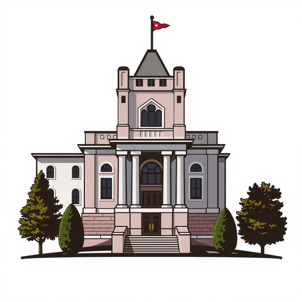 The image is a digital illustration of a large, two-story building with a pedimented facade. The building has a dome on top with a red flag on top, which is the flag of Turkey. The pediment is made of stone and has a large arched doorway in the center. The entrance of the building is flanked by two columns on either side. There are two trees on the left and right sides of the entrance, and a set of stairs leading up to the entrance. The sky is blue and the overall color scheme of the image is light pink and gray.