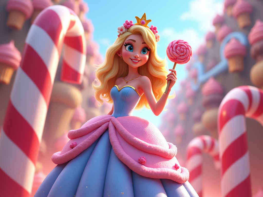 A princess with a dress made of layered pastel frosting, holding a scepter topped with a lollipop.