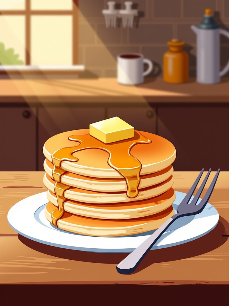  a stack of pancakes on a white plate with a fork on the side. The pancakes are golden brown and appear to be freshly made. On top of the stack, there is a small block of butter and drizzled with syrup. The plate is placed on a wooden table in a kitchen with a window in the background. There are also a few kitchen utensils and a coffee mug on the countertop. The overall color scheme of the image is warm and inviting.