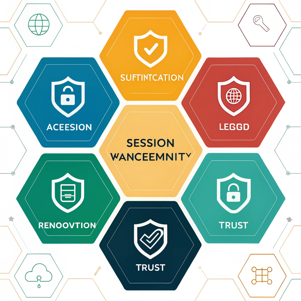 Logo Concept for Secure Authentication & Session Patterns Suite: An abstract mark formed by two interlocking geometric shapes, representing authentication and session, with a distinct color for each, accompanied by a modern, clear typeface for 'Secure Patterns'.