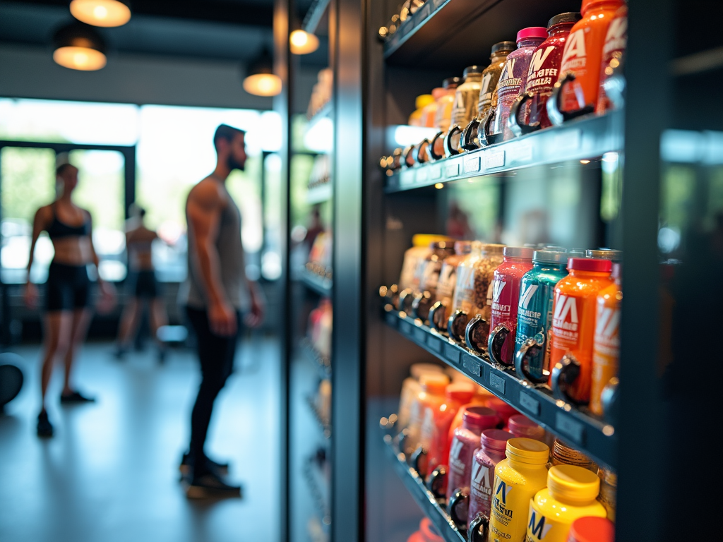 A vending machine at a community center gym stocked with protein bars, energy drinks, and health supplements for fitness enthusiasts.