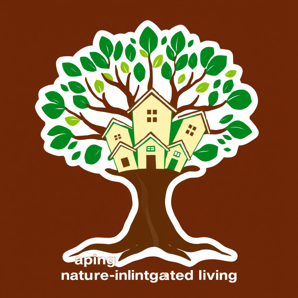 A stylized tree with prominent roots, where its branches cradle a cluster of simple house shapes, emphasizing nurturing community, affordability, and nature-integrated living.