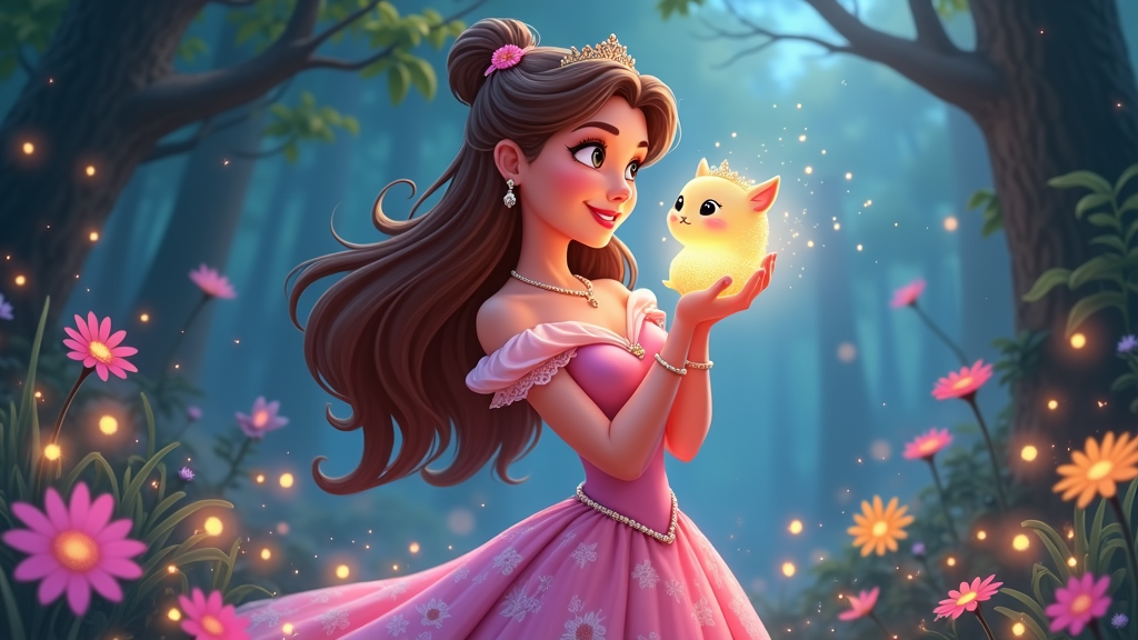 A princess with a gentle expression, maybe holding her magical pet close to her face with a nurturing look, the pet is a small, glowing being that radiates light.