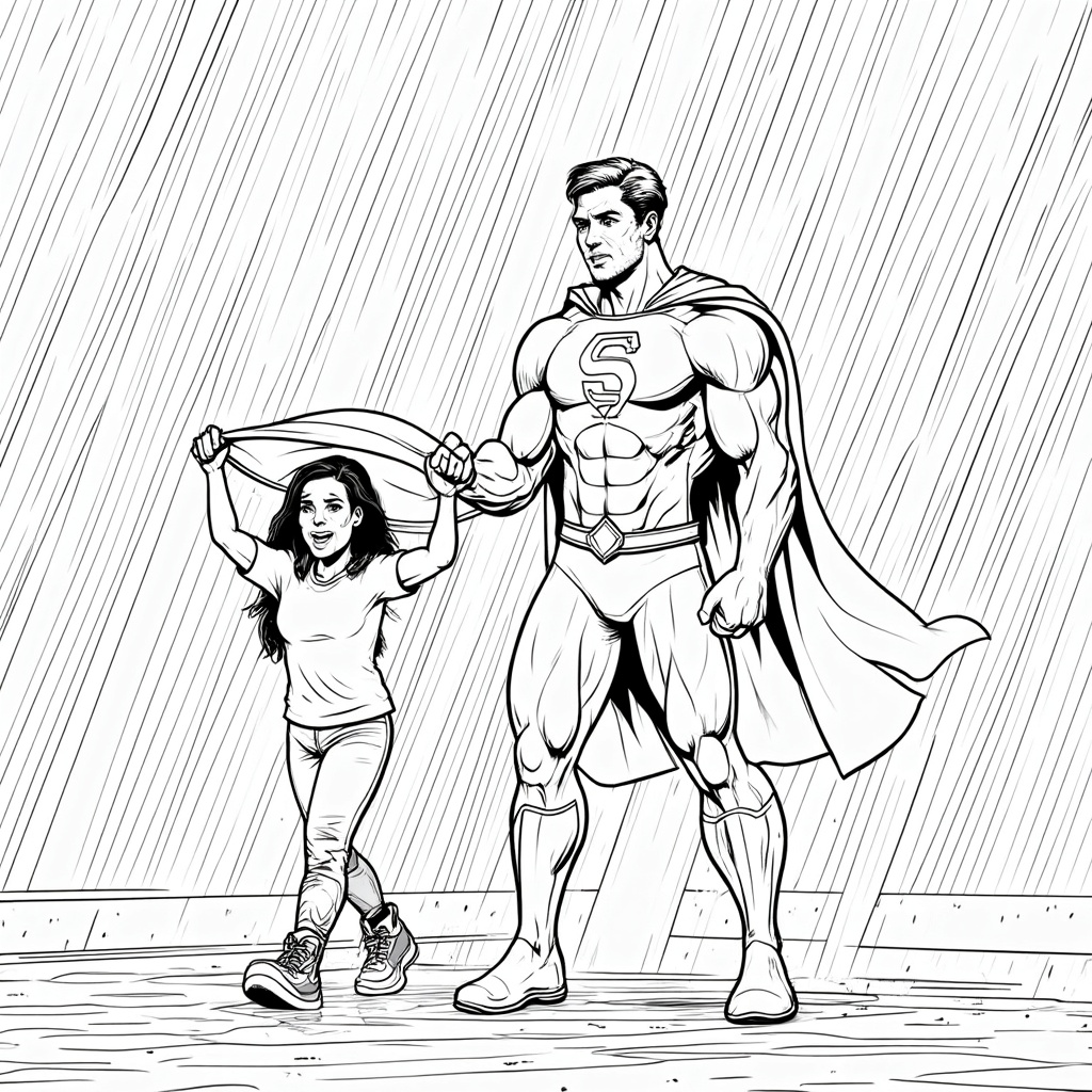 Superhero shielding a citizen from heavy rain with their cape while walking them under cover.