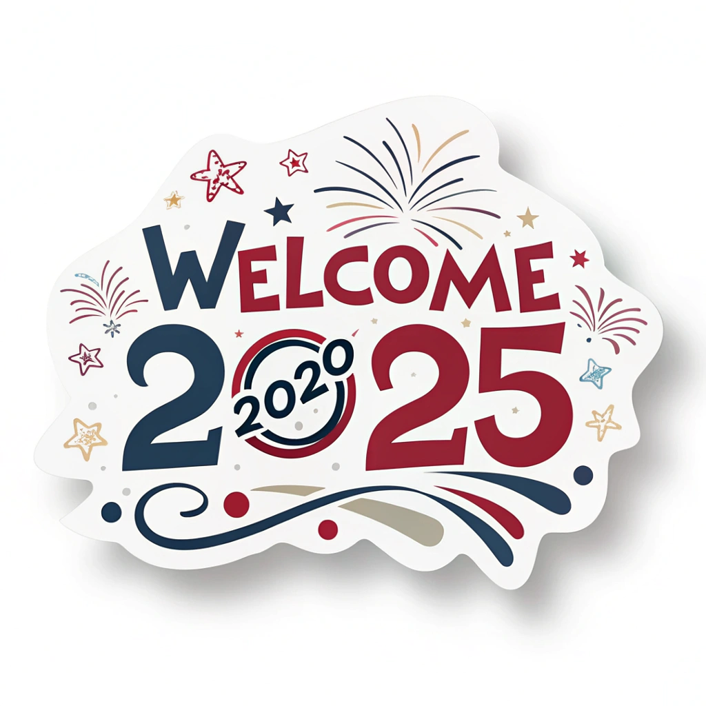 The image shows a welcome sign with the words Welcome 2020 written in bold, white lettering against a bright blue background. The sign is decorated with stars and sparkles, giving it a festive and celebratory feel.