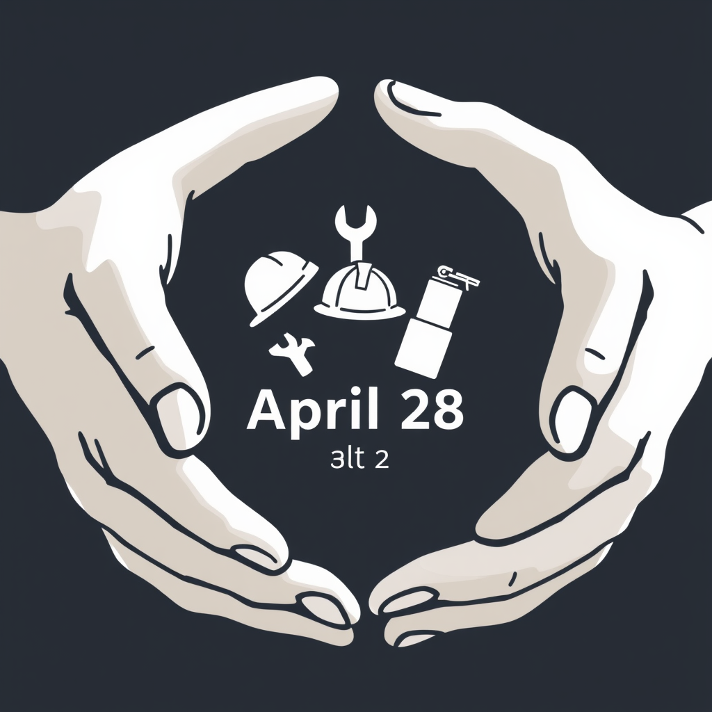 Interlocking human hands forming a protective circle, cradling miniature icons like a hard hat, wrench, and flask within. The date 'April 28' could be subtly embedded in the circle's line.