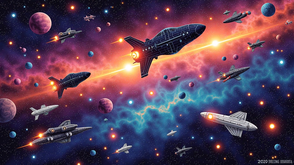 Concept 1: 'Neo-Impressionist Sci-Fi'. An AI generates a poster for a futuristic space opera, emulating the pointillist technique of Seurat, using dots of light to form starships and nebulae against a classic painterly backdrop.