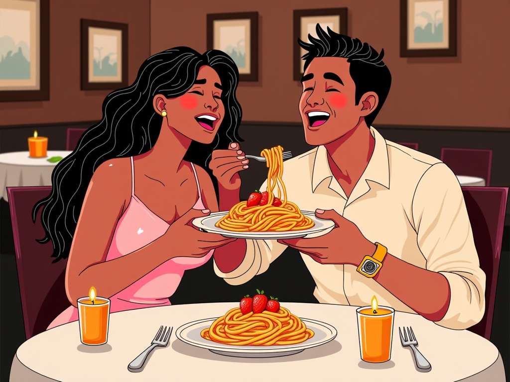 A couple sharing a plate of spaghetti, with a romantic and playful feel.