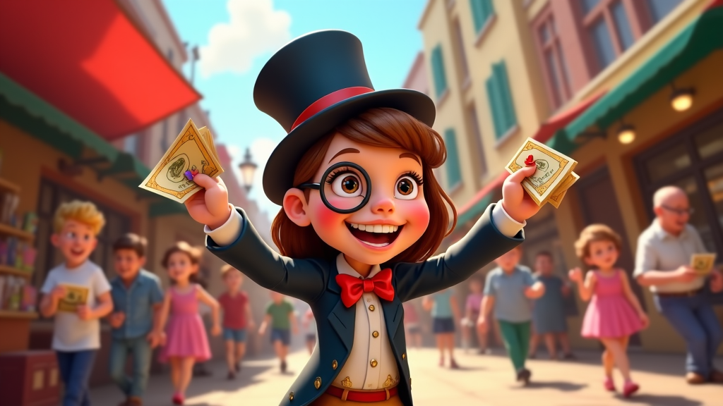 In a bustling marketplace, the young girl, impersonating Mr. Monopoly, hands out invitations to a street Monopoly tournament. Her charming charisma and outfit attract participants, symbolizing Monopoly's universal appeal and power to unite people through nostalgia and competitive but friendly spirit.