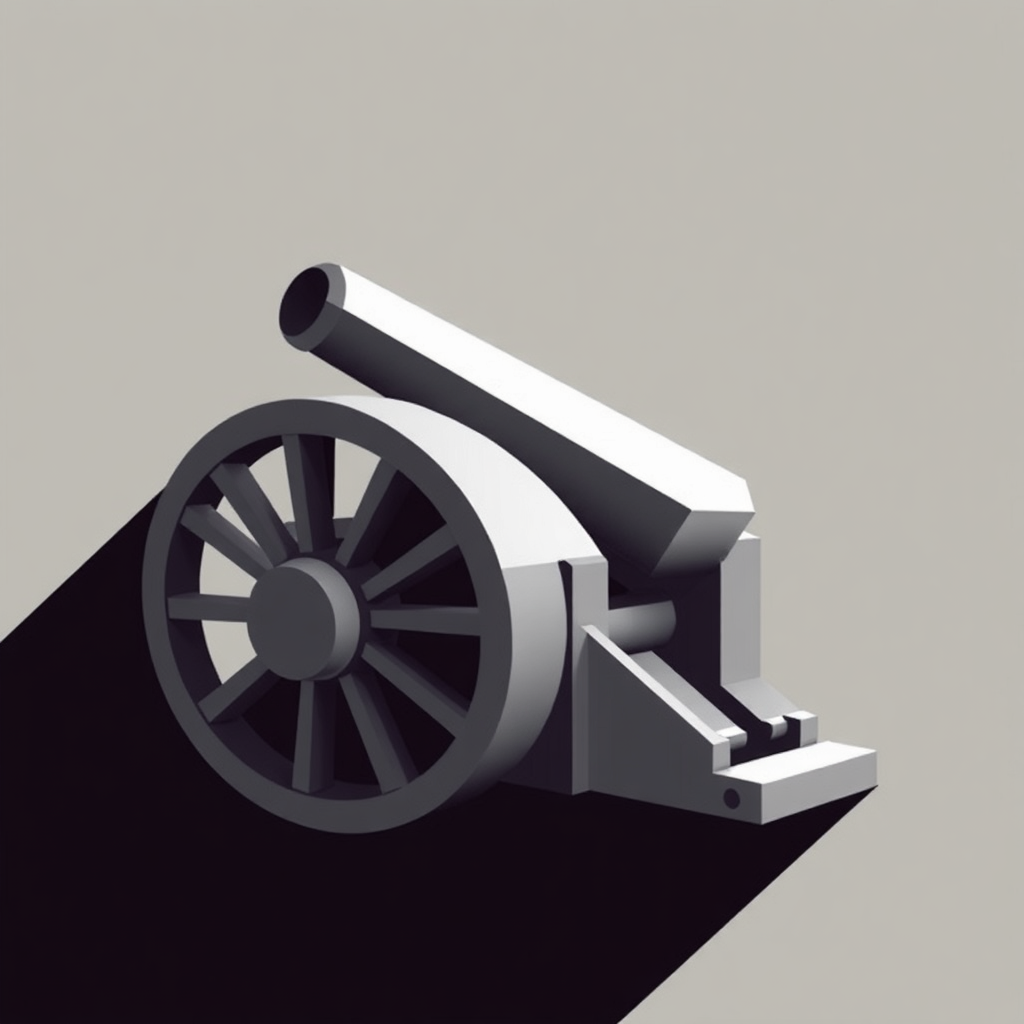 Geometric Deconstruction: Break down the cannon into fundamental geometric shapes (triangles, cylinders, circles) and reassemble them into a modern, abstract composition that subtly hints at the cannon's form. Focus on sharp angles and clean lines.