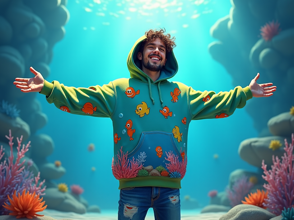 Brightly colored hoodie showing a whimsical world of animated fish under the sea.