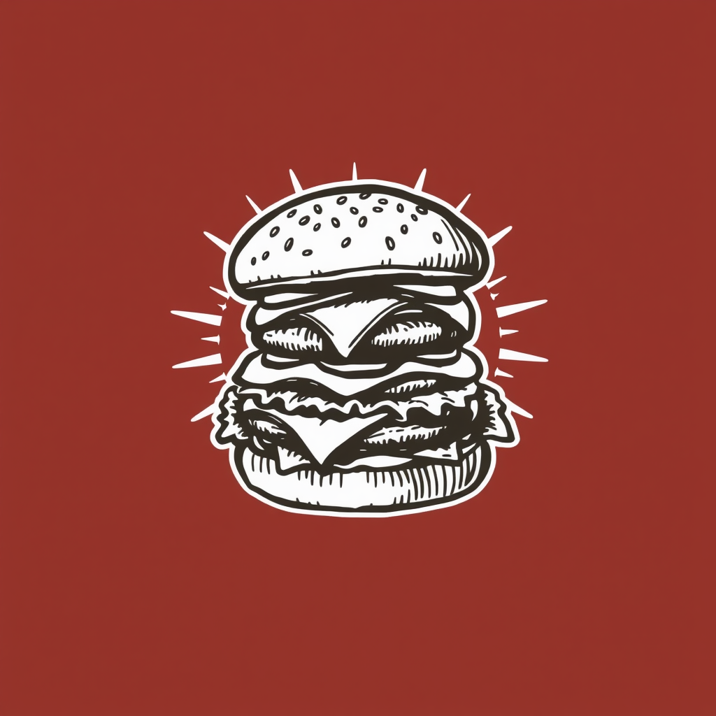 A hand-drawn style illustration of a hamburger with exaggerated features like a very tall stack of ingredients or a slightly cartoonish look. The lines should be imperfect and thick, giving it a vintage print feel. Consider adding a small starburst behind it for emphasis.