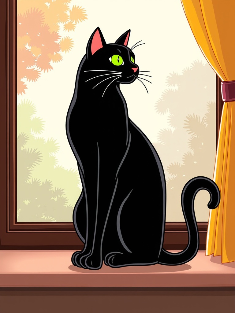 The image is a digital illustration of a black cat sitting on a window sill. The cat is facing towards the right side of the image and is looking out the window with a curious expression. It has green eyes and is sitting upright with its tail curled around its body. The window is covered with a yellow curtain and there is a view of trees outside the window. The background is a light blue sky with white clouds. The overall color scheme of the illustration is warm and inviting.