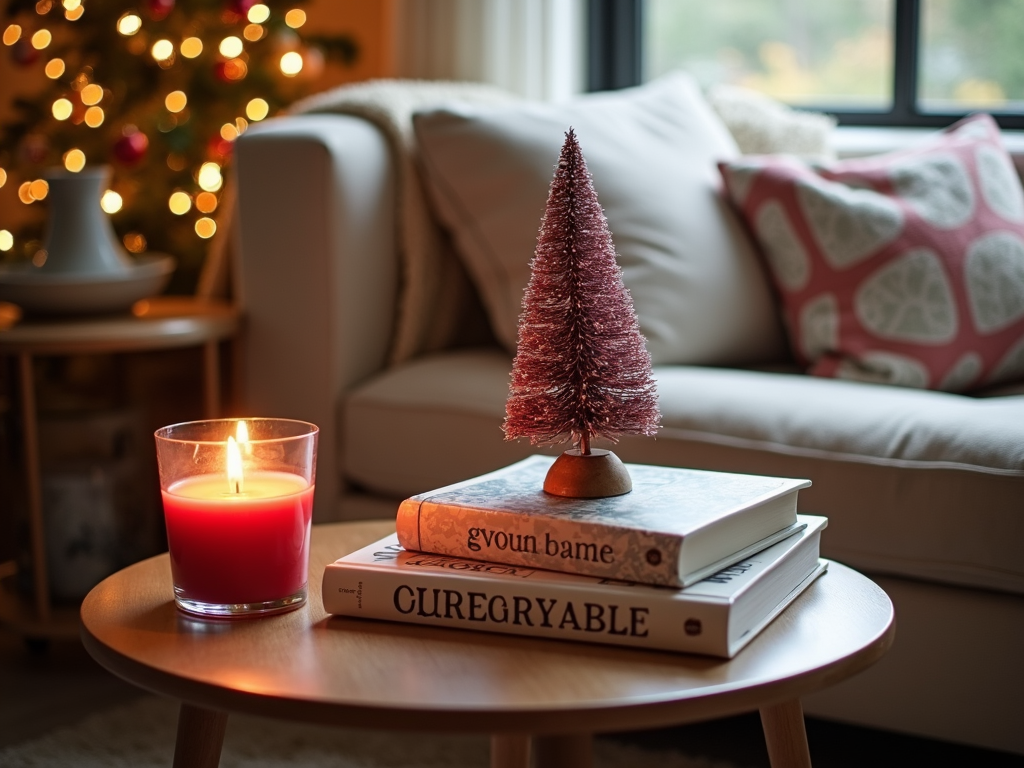 A small side table in the living room decorated with a cranberry-scented candle, a winter-themed coffee table book, and a small ceramic Christmas tree, adding holiday spirit with minimal style.