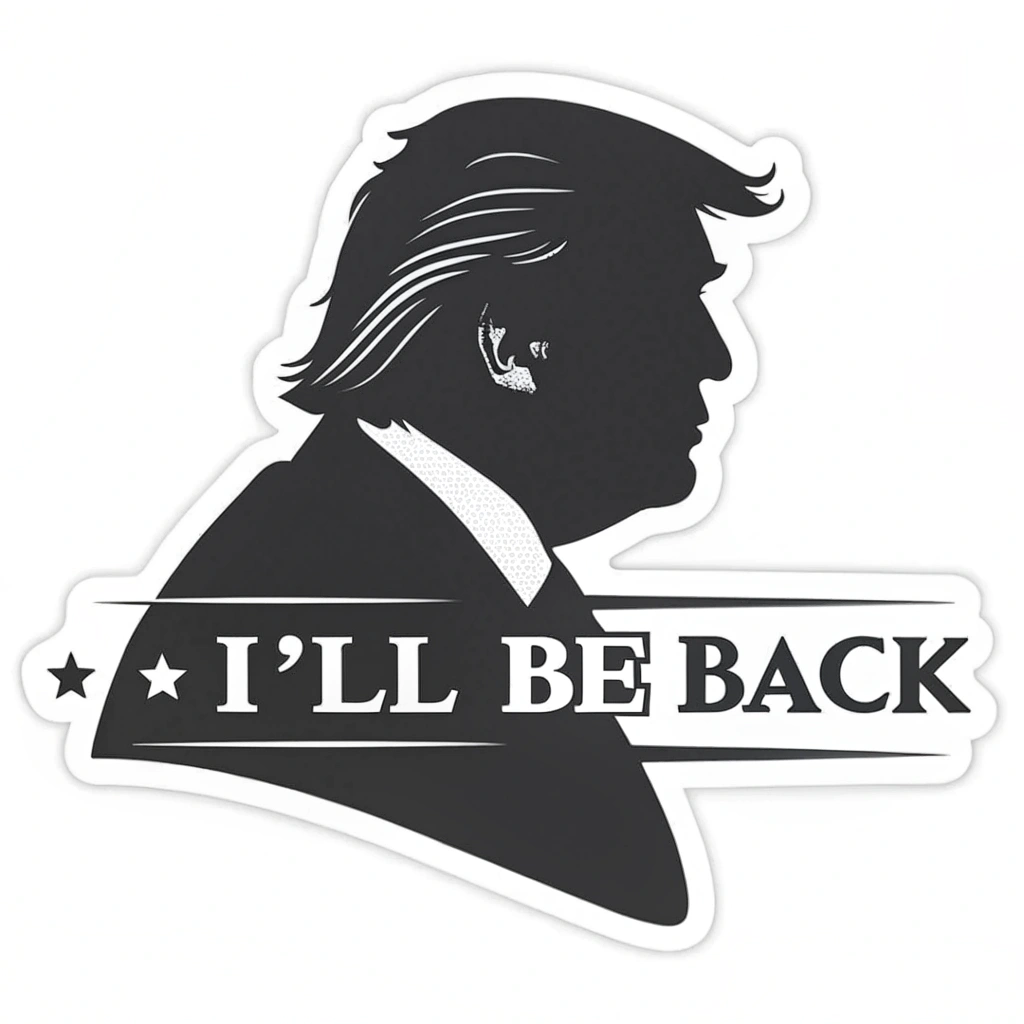 A minimalist design with just Trump's silhouette or a distinctive hairstyle, and the 'I'll Be Back' phrase underneath in a sans-serif typeface.