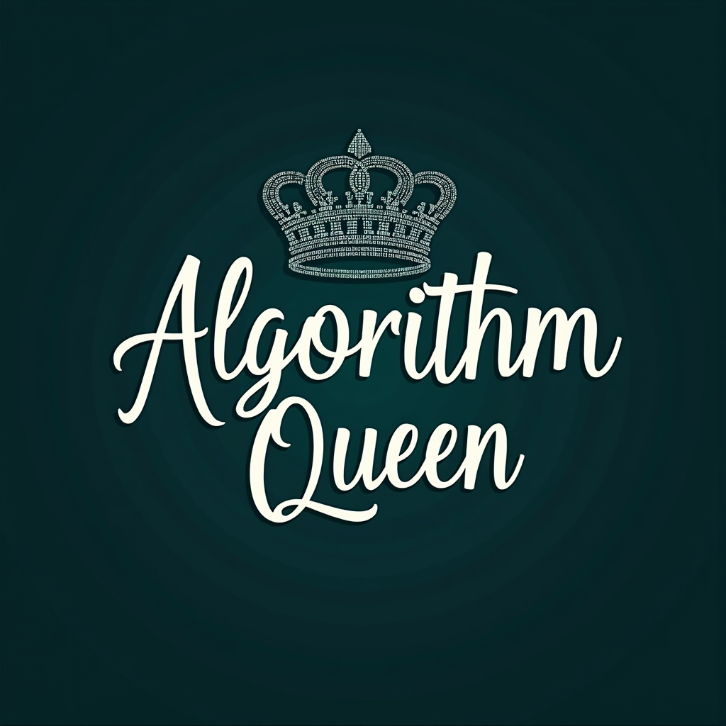 The words 'Algorithm Queen' in an elegant script font. Above the 'Queen', a tiara subtly formed from binary code (0s and 1s) that might subtly spell out 'CODE' or 'TECH'.