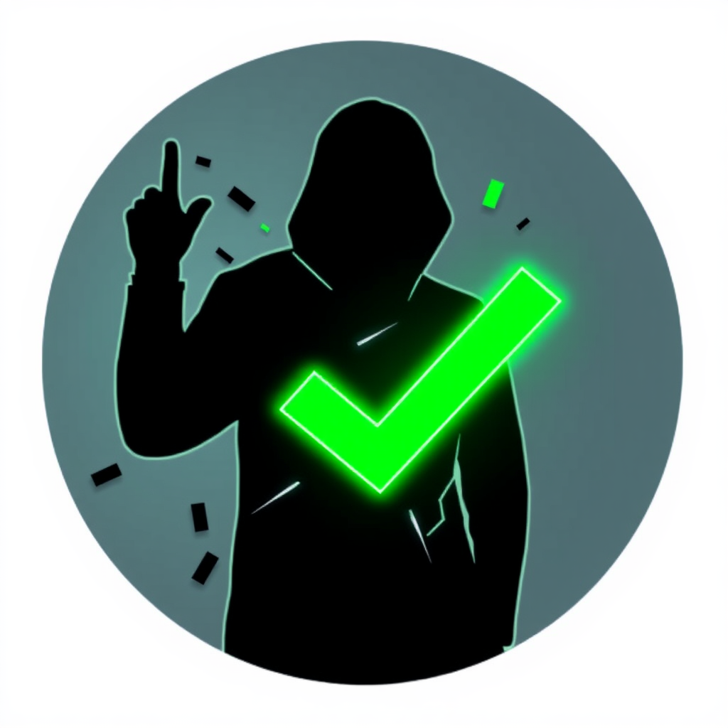 Fragmented Silhouette with Green Checkmark: The silhouette of a cyber threat actor appearing to break into digital bits or pixelate, with a distinct, bright green checkmark nearby or integrated, indicating successful neutralization and safety.