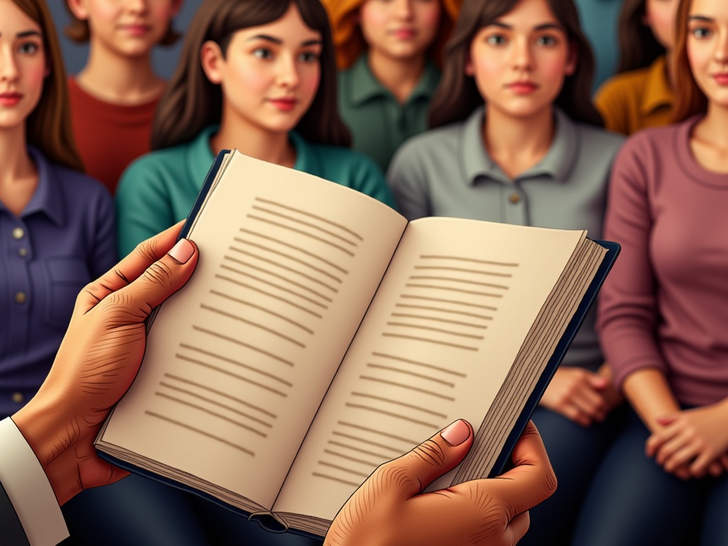 Close-up illustration focusing on an open book of poetry held by weathered hands, with the blurred, soft-focus background showing the listening faces of the community audience, suggesting shared experience.