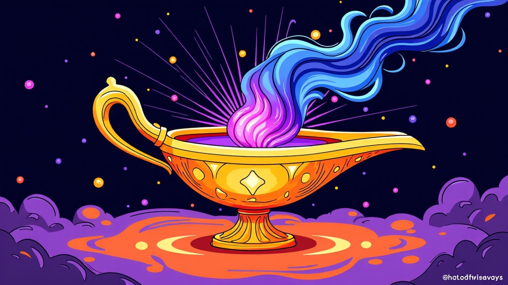 Art style emphasizing dynamic lines and vibrant, contrasting colours (e.g., deep blues and purples for the Djinn, warm oranges and golds for the lamp and surrounding light). The Djinn's form could be semi-transparent, showcasing the lamp from which it emerges.