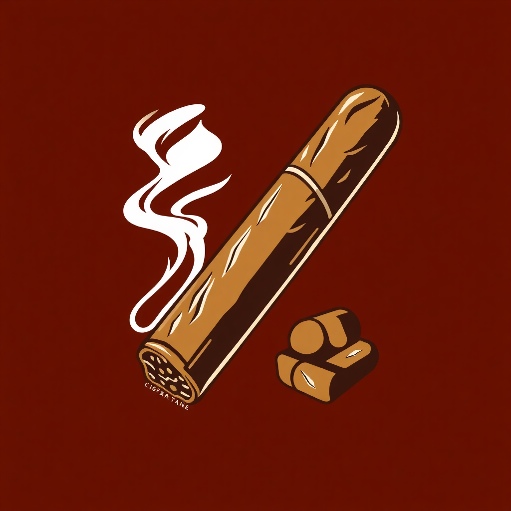 The image is an illustration of a cigar and a small piece of chocolate. The cigar is in the center of the image, with a long, cylindrical shape and a smooth texture. It is brown in color and appears to be made of wood or a similar material. On the left side of the cigar, there is a white smoke trail that is curling upwards, indicating that the cigar is smoking. The background is a solid red color. The overall style of the illustration is simple and minimalistic.