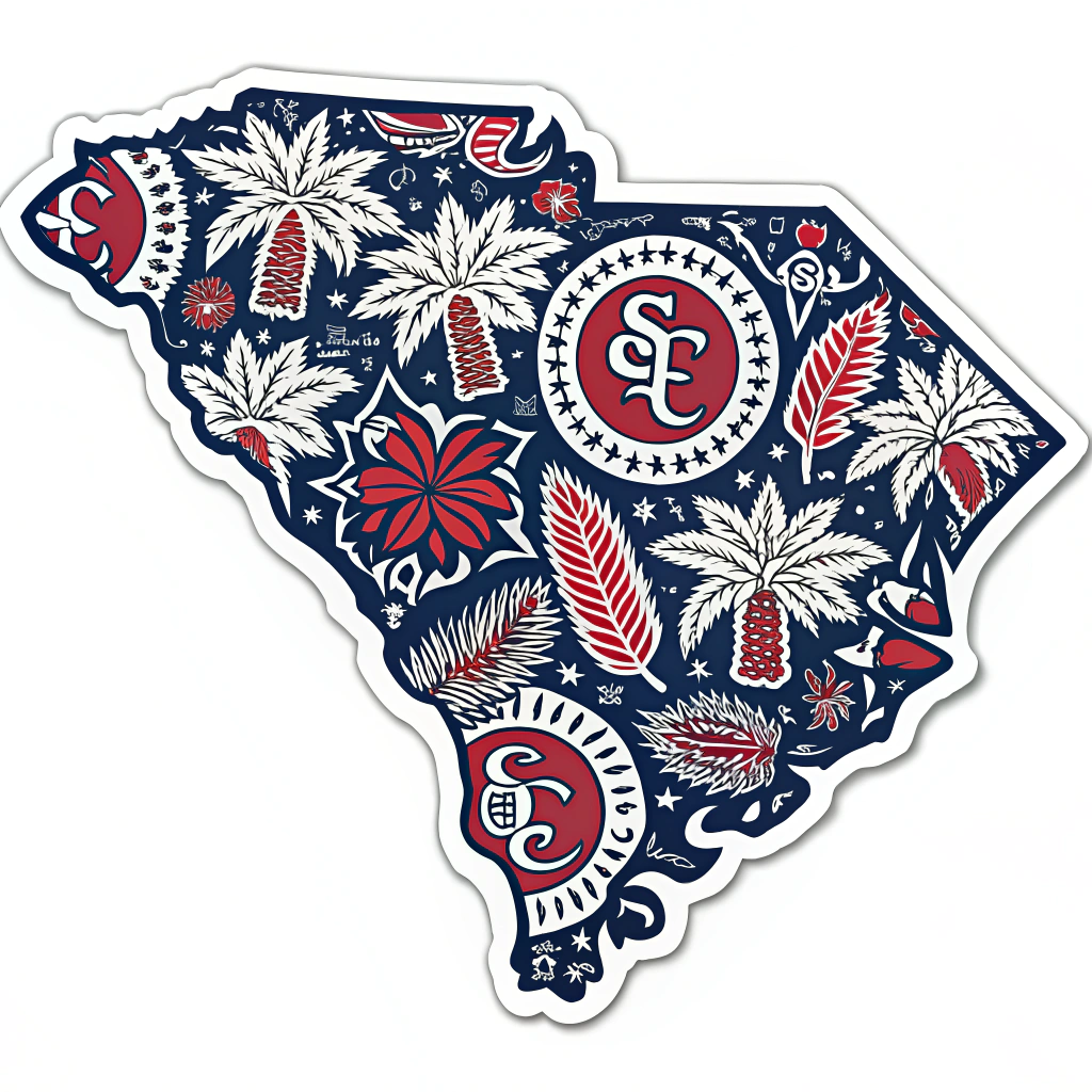 A die-cut sticker in the shape of the state of South Carolina, filled with a pattern incorporating the Creative South colors and logo elements.