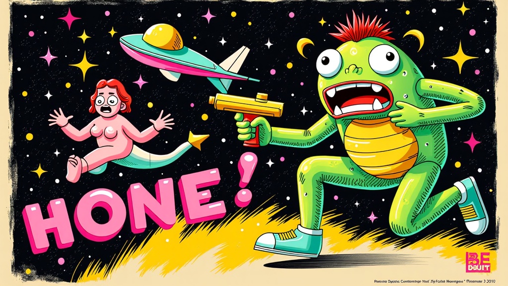 Cosmic Pulp Reimagined by AI: An AI takes classic pulp sci-fi tropes (bug-eyed monsters, ray guns, finned rocket ships, damsels in distress) and generates a movie poster for a fictional B-movie, introducing bizarre visual twists, unusual color palettes, or strangely merged elements unique to AI interpretation.