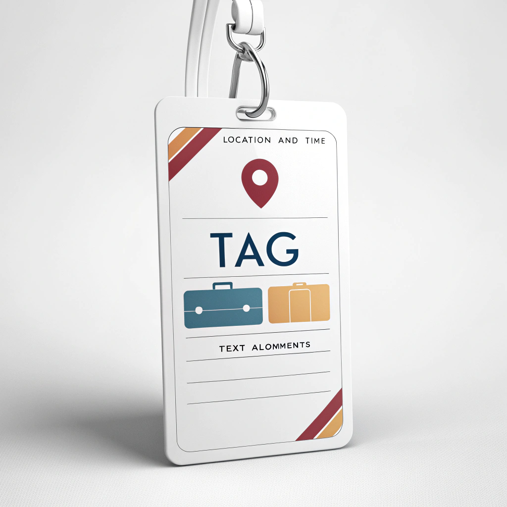 'Minimalist Info Tag': A clean, rectangular tag sticker, reminiscent of a luggage or information tag. Displays location and time in clear, sans-serif typography, with options for different tag colors and text alignments.