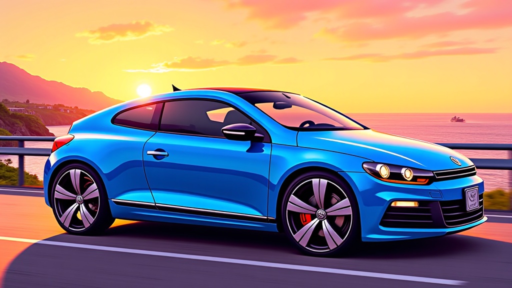 The image is a digital illustration of a blue Volkswagen Scirocco sports car driving on a highway at sunset. The car is in motion, with the sun setting in the background and the ocean visible on the right side of the image. The sky is a beautiful orange and pink color, with a few wispy clouds scattered across the horizon. The road is curved and there is a railing along the side, with trees and hills on the left side. In the distance, there are a few boats on the water. The overall mood of the illustration is peaceful and serene.