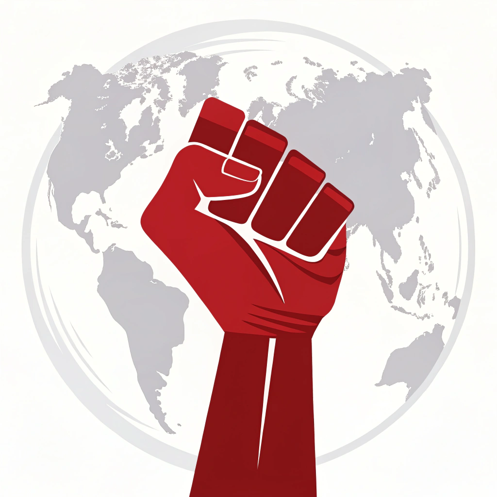 Simple Idea: A bold red fist silhouette overlaid onto a minimalist outline of the Earth.