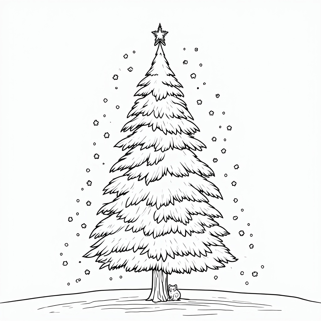 The image is a black and white line drawing of a Christmas tree. The tree is tall and slender with a pointed top and a star on top. It is covered in snowflakes and there are small snowflake-like decorations scattered around the base of the tree. At the bottom of the image, there is a small cat sitting on the ground next to the tree, looking up at the tree with a curious expression. The background is plain white.