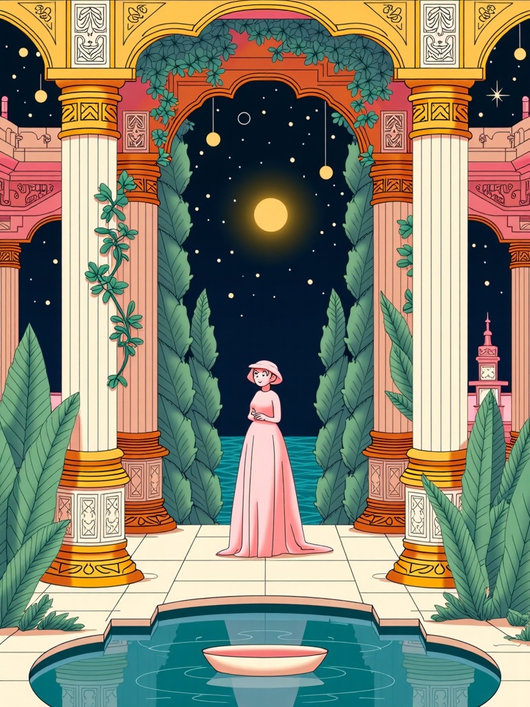 Illustration depicting a secret garden hidden within a palace, accessible through a subtly disguised arched doorway. The architecture surrounding the garden would feature delicate columns, trellises with climbing vines, and a small, serene pool reflecting the intricate palace walls and a starry sky.