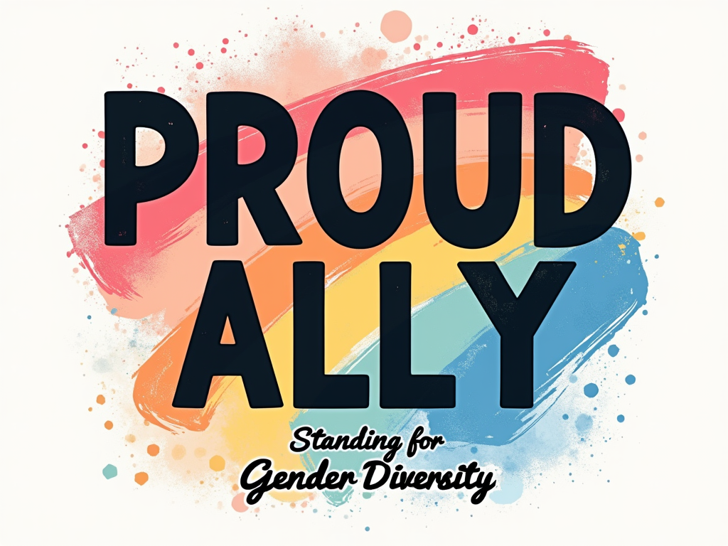Typography-focused design with 'PROUD ALLY' in large, impactful font. 'Standing for Gender Diversity' in a complementary script or sans-serif font. Abstract background elements like fluid lines or a subtle gradient could represent diversity.