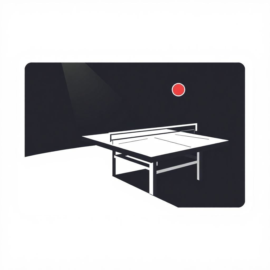 The image is a digital illustration of a ping pong table. The table is rectangular in shape and has a white surface with a black background. On top of the table, there is a red circle, which is the focal point of the image. The red circle is slightly larger than the white surface and is slightly tilted to the right. The background is a solid black color, making the table and the red circle stand out. The image is simple and minimalistic, with no other elements or decorations.