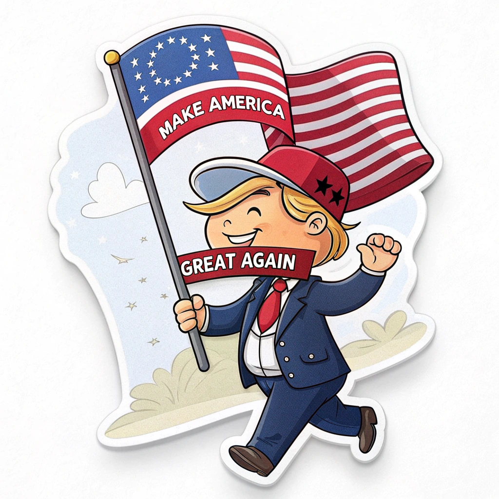 A sticker with a cartoonish representation of Donald Trump wearing a 'Make America Great Again' hat, waving an American flag. This design would aim for a more light-hearted, approachable feel.