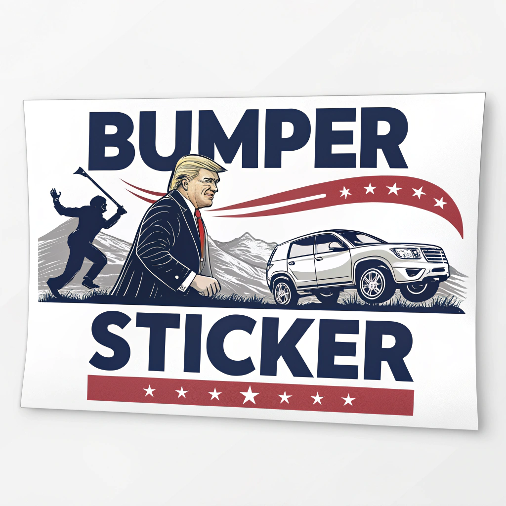 A bumper sticker featuring a humorous or satirical take on a political issue, using clever wordplay or imagery to convey a point of view.