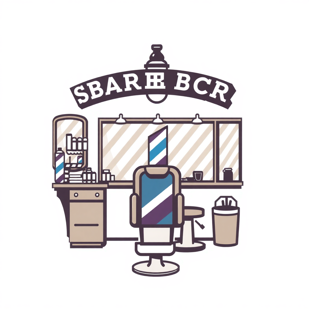 The image is a logo for a barber shop called SBAR BCR. The logo is in a retro style with a purple and blue color scheme. The barber chair is in the center of the image, with a blue and white striped towel draped over it. On the left side of the chair, there is a desk with a mirror and various barber tools and equipment. Above the desk, there are two lamps hanging from the ceiling. The background is a striped wall with a window on the right side. The overall design of the logo is simple and minimalistic.