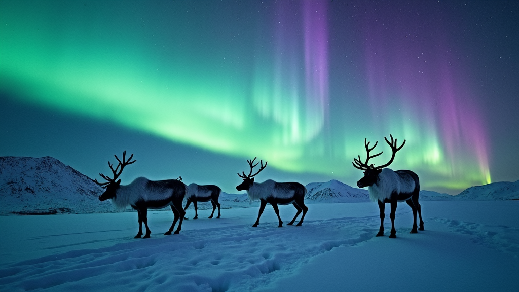 A breathtaking depiction of the Northern Lights casting a myriad of colors over a snow-covered landscape. In the foreground, a group of reindeer roam, their silhouettes etched against the vibrant sky. The captivating celestial display enhances the serene beauty of nature and brings a sense of magic to the winter night.