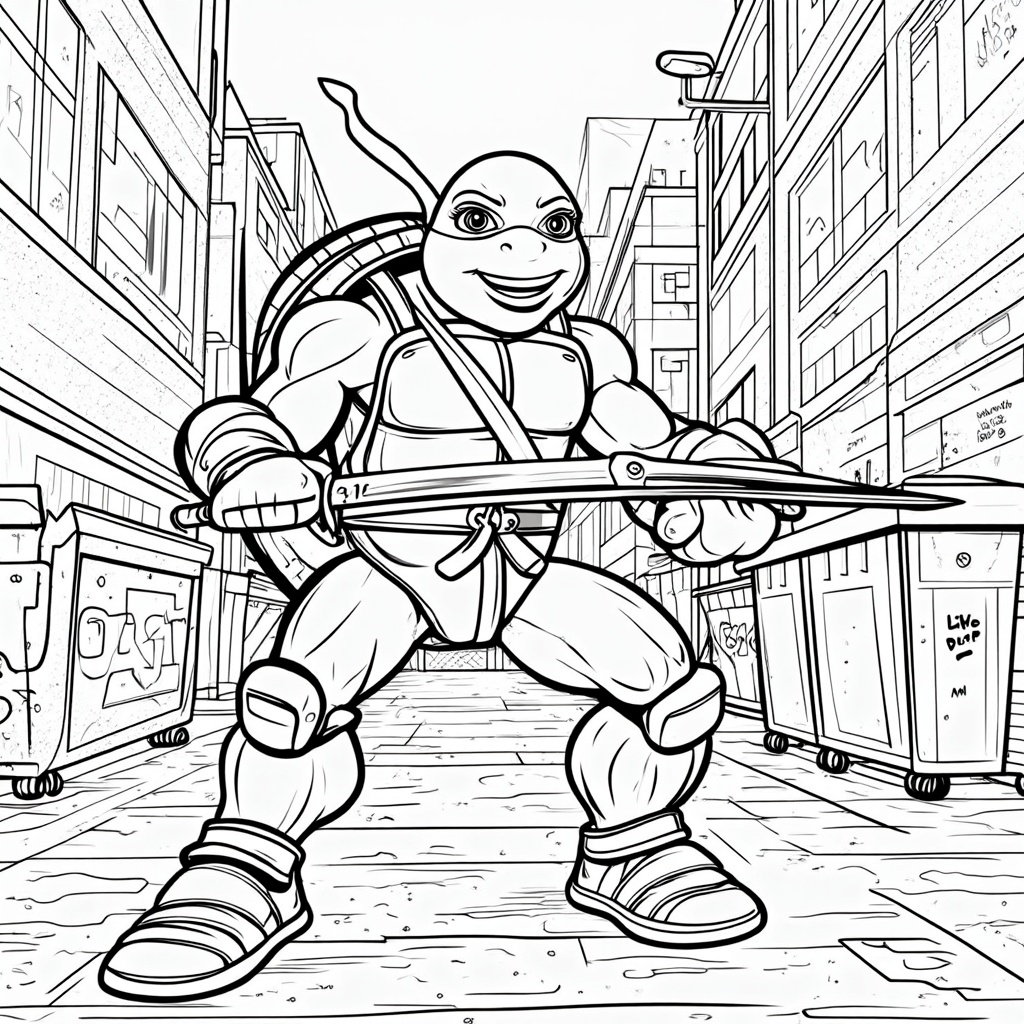 The image shows a sketch of a teenage mutant ninja turtle, Raphael, holding a weapon in his hand. In the background, there are buildings and dustbins, and the sky is visible at the top of the image.