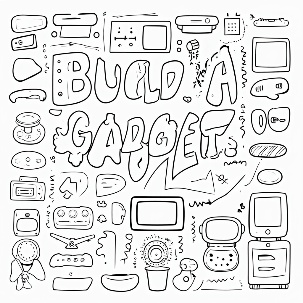 'Build-a-Gadget' page templates where kids can combine different pre-drawn gadget parts (buttons, screens, handles, energy sources) to color and create their own.