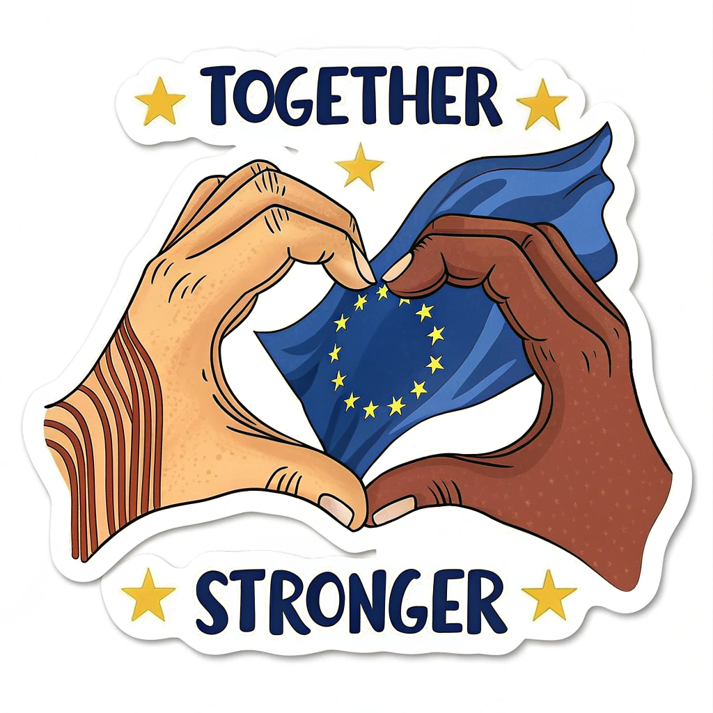 A sticker depicting hands forming a heart around the EU flag, symbolizing unity and support, accompanied by the slogan.