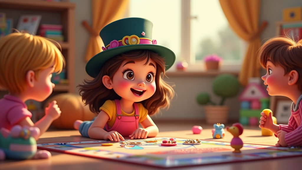 In her vibrant and busy room, the girl, wearing a Mr. Monopoly hat with cute childhood embellishments, embraces her role as the family banker. Her cheerful demeanor and dedicated preparation of new game scenarios inspire young siblings to explore imaginative strategic play filled with laughter and learning.