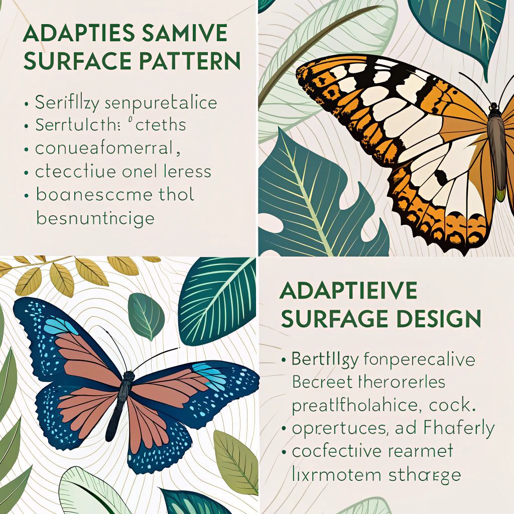 Adaptive surface patterns inspired by biological camouflage (e.g., patterns on butterfly wings for thermoregulation, animal skins for concealment) or dynamic color changes, for application in responsive architecture, energy-efficient materials, or products that integrate harmoniously with their environment.