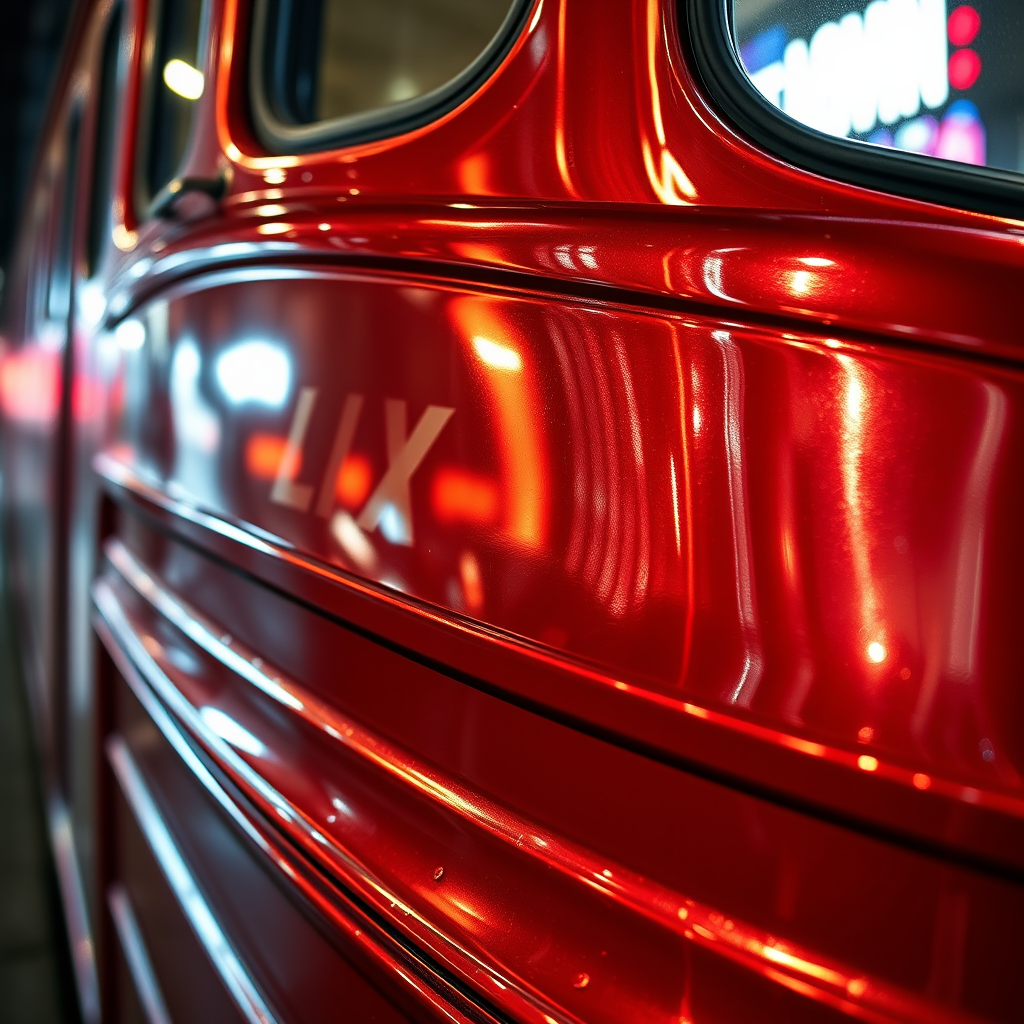 Sub-Design Idea 3: Reflective Glory - A dynamic close-up perspective focusing on a section of a classic streetcar. Its polished, perhaps slightly rain-slicked surface vividly reflects the bright, energetic glare of stadium lights. 'LIX' could be artfully embedded within the light reflections or as a motif on the streetcar body.